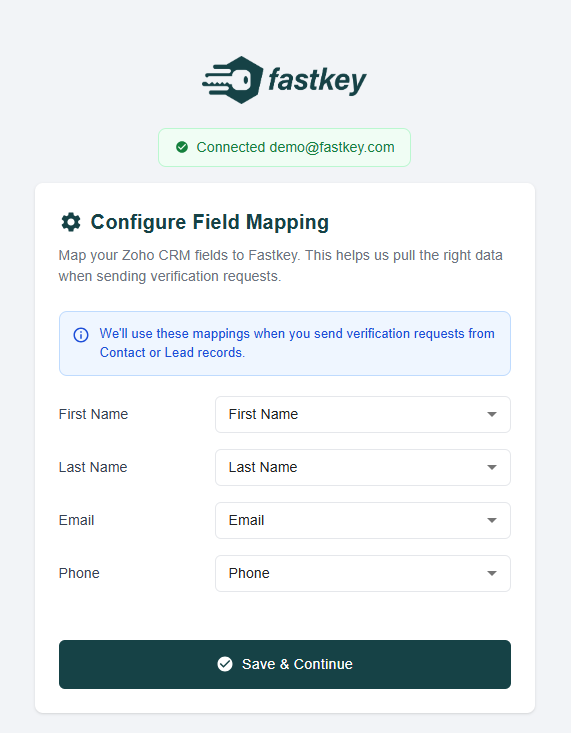 Configure Field Mapping - Map your Zoho CRM fields to Fastkey