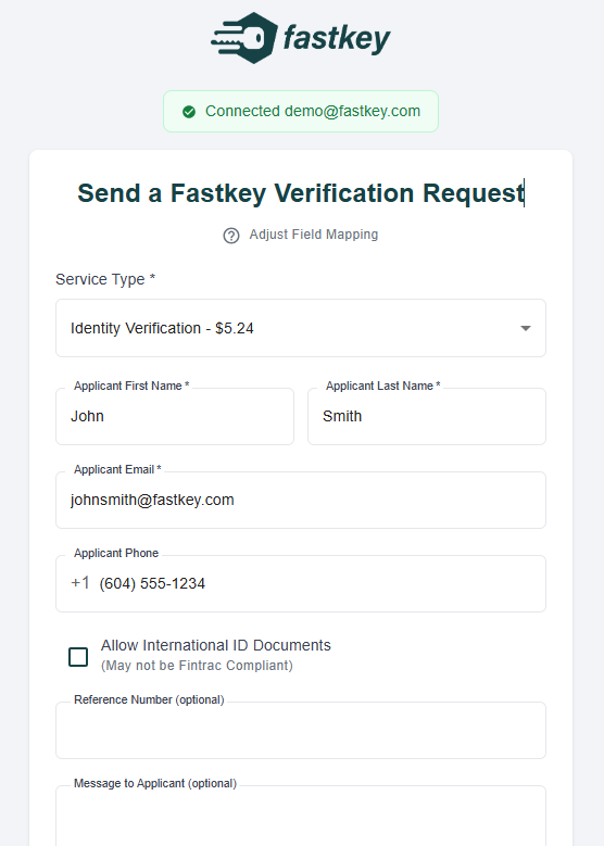 Send a Fastkey Verification Request with pre-filled applicant data