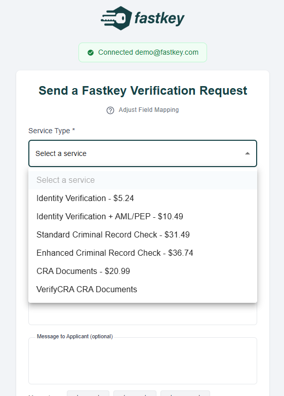 Select a Fastkey service - Full range of verification options
