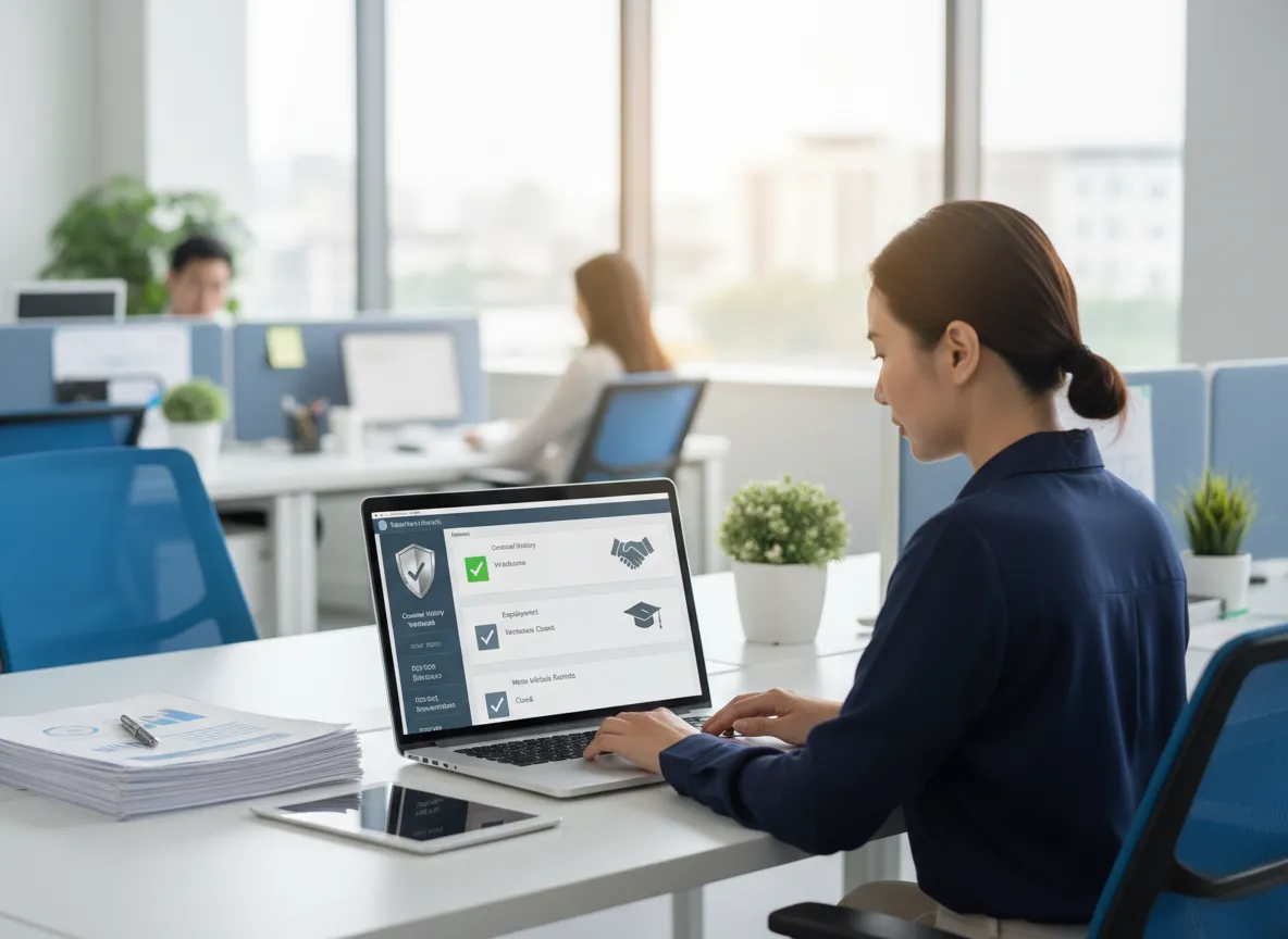 Pre-employment criminal record verification process on a laptop screen