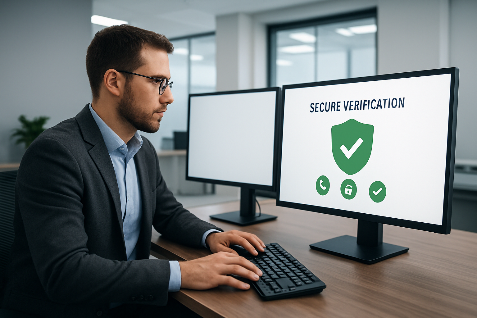 Professional completing a secure remote identity verification workflow on a desktop computer