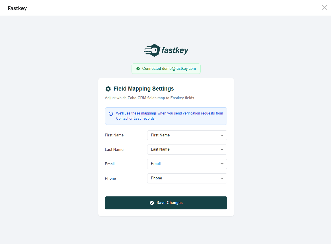 Field Mapping Settings - Map your Zoho CRM fields to Fastkey fields for First Name, Last Name, Email, and Phone