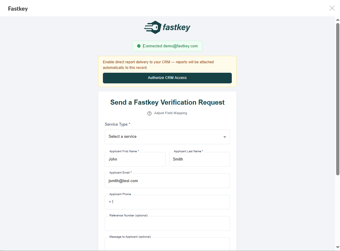 Send a Fastkey Verification Request - Connected and ready to submit with CRM authorization prompt