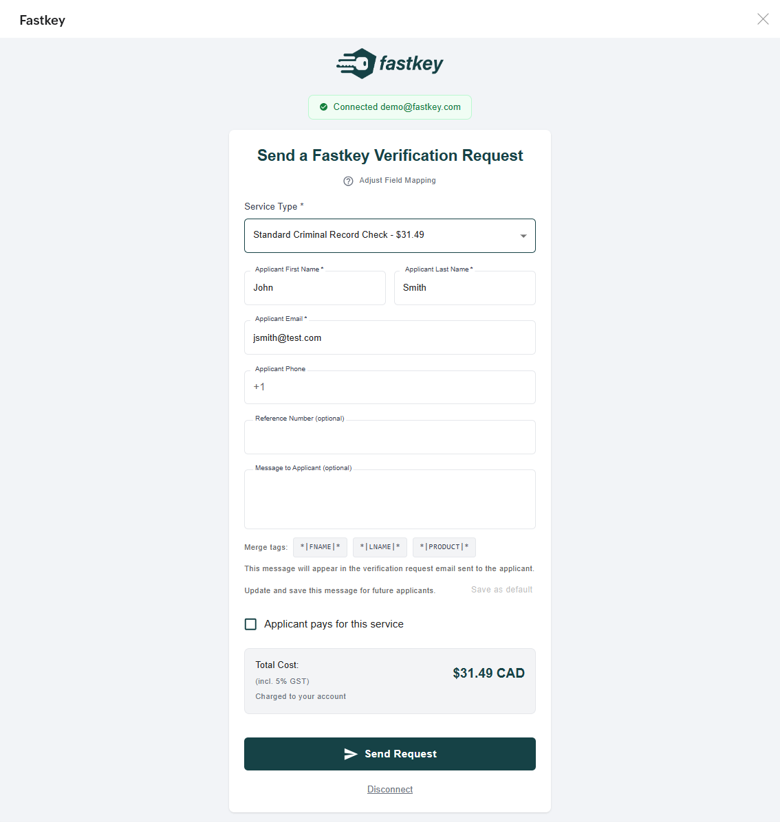 Send a Fastkey Verification Request - Standard Criminal Record Check selected with pre-filled applicant details, merge tags, and total cost displayed